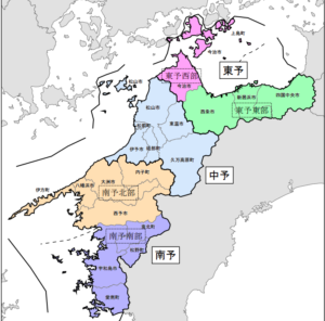 愛媛県の東中南予の位置図